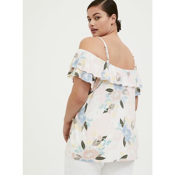 Torrid Top Plus 3X Floral Super Soft Cold Shoulder Ruffle Flutter Sleeve Peach‎ - Picture 2 of 9